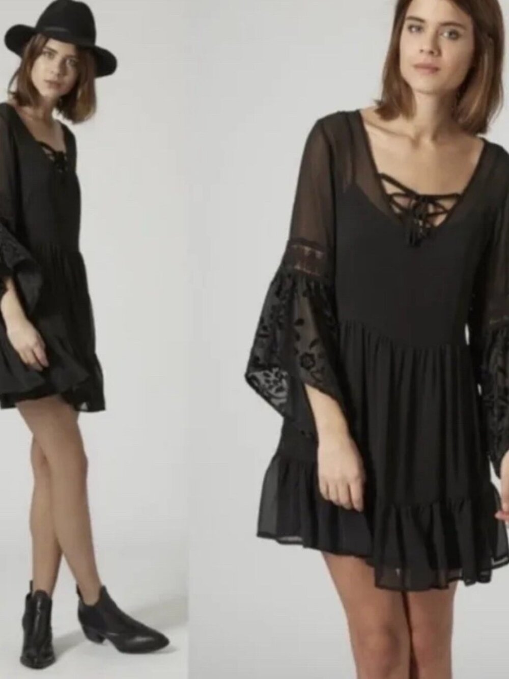 Band of Gypsies Black Sheer Ruffle Dress w/Neck Laces to tie Size M Cool Dress!